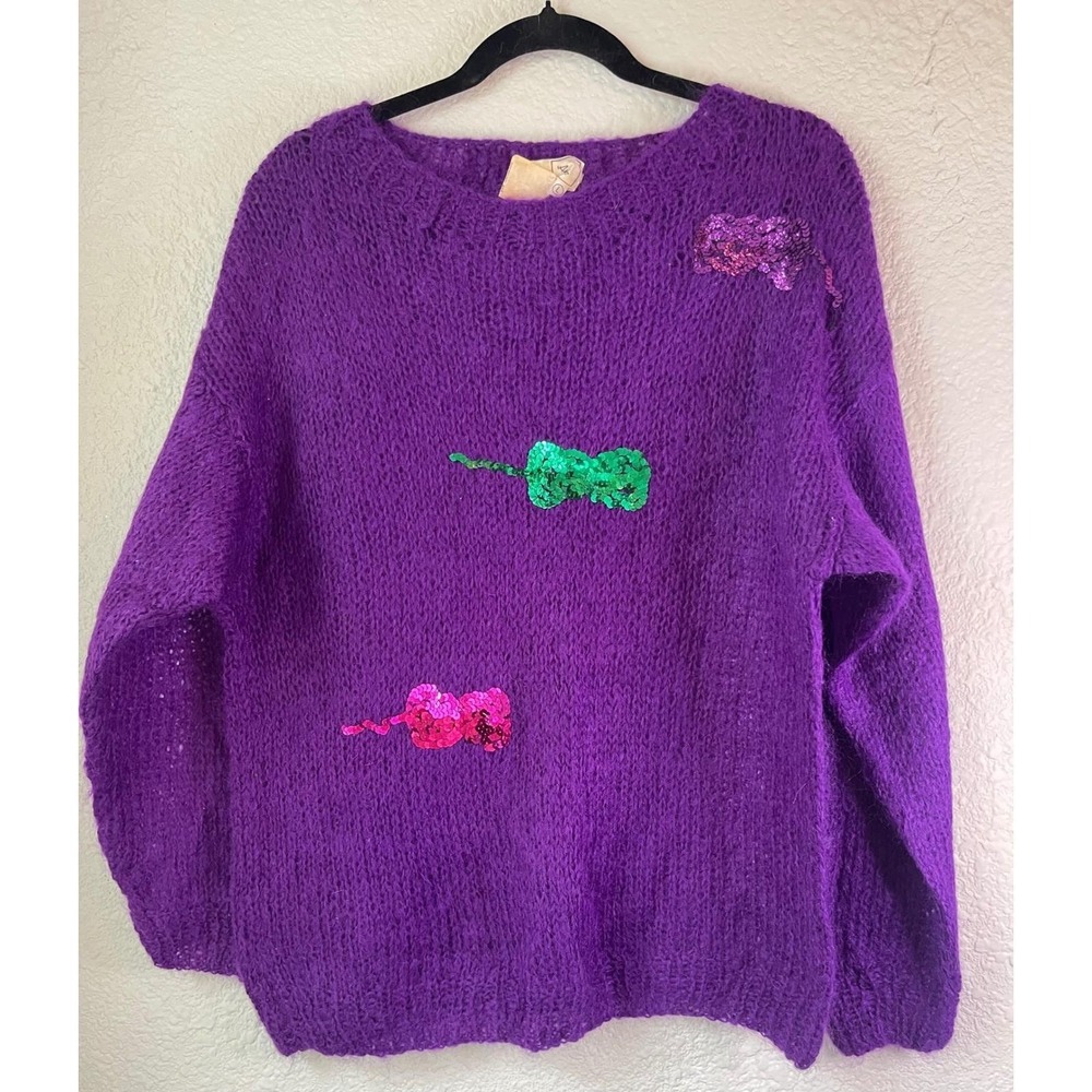 Rare Vintage 80s/90s Anna Made in Italy Mohair Sweater Purple Handmade Sequin‎